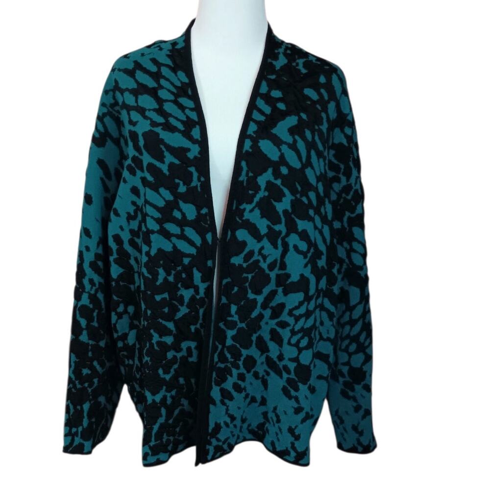 CHICO'S 4 Cardigan‎ Sweater Jacket 2X Office Career Animal Teal Turquoise Trip